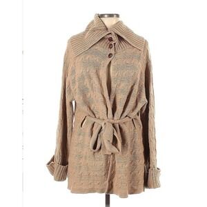 Ralph Lauren Wool Cashmere Cable Knit Belted Cardigan Tan Brown Large Buttons